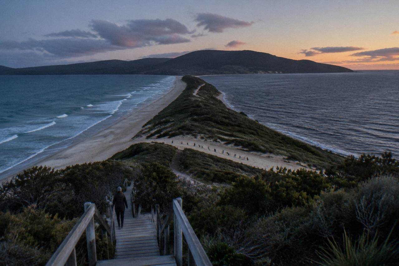 View from the Neck lookout over the narrow isthmus connecting North and South Bruny Island, with ocean on both sides under a dusky sky.