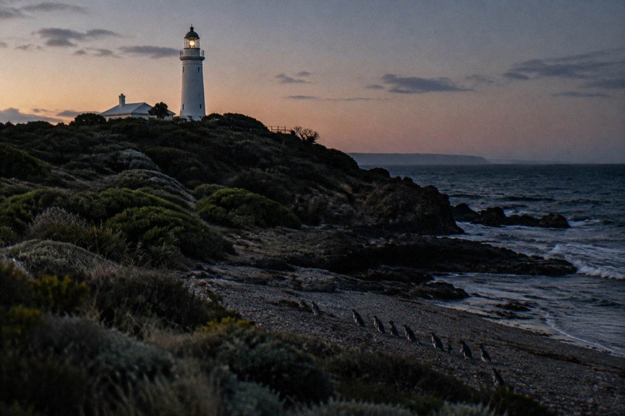 A lighthouse and low headland above a dark ocean at dusk