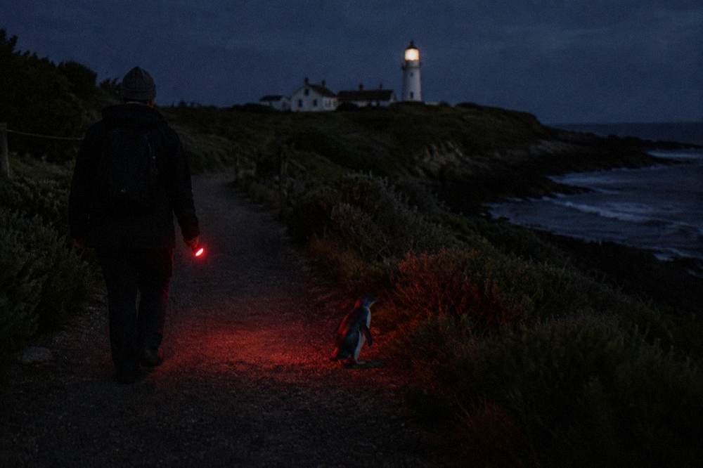 A guide holding a dim red torch beside a coastal walking track at night