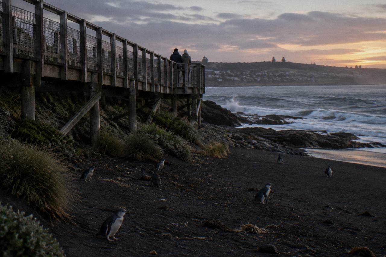 Little penguins standing on a dark sandy beach at dusk