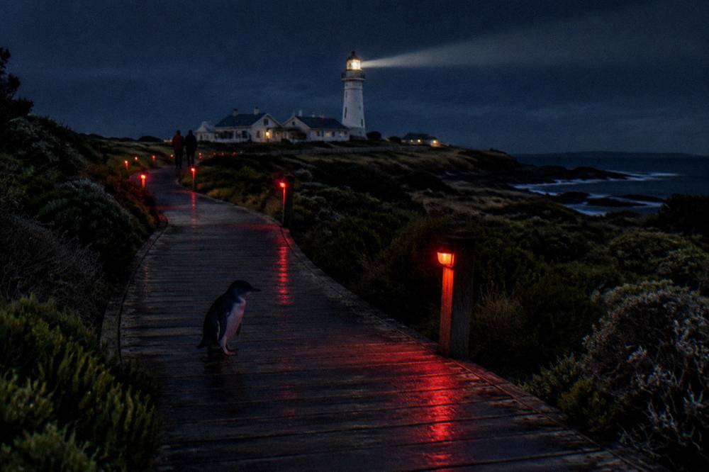 A wooden boardwalk along a dark shoreline with low red lighting near coastal scrub