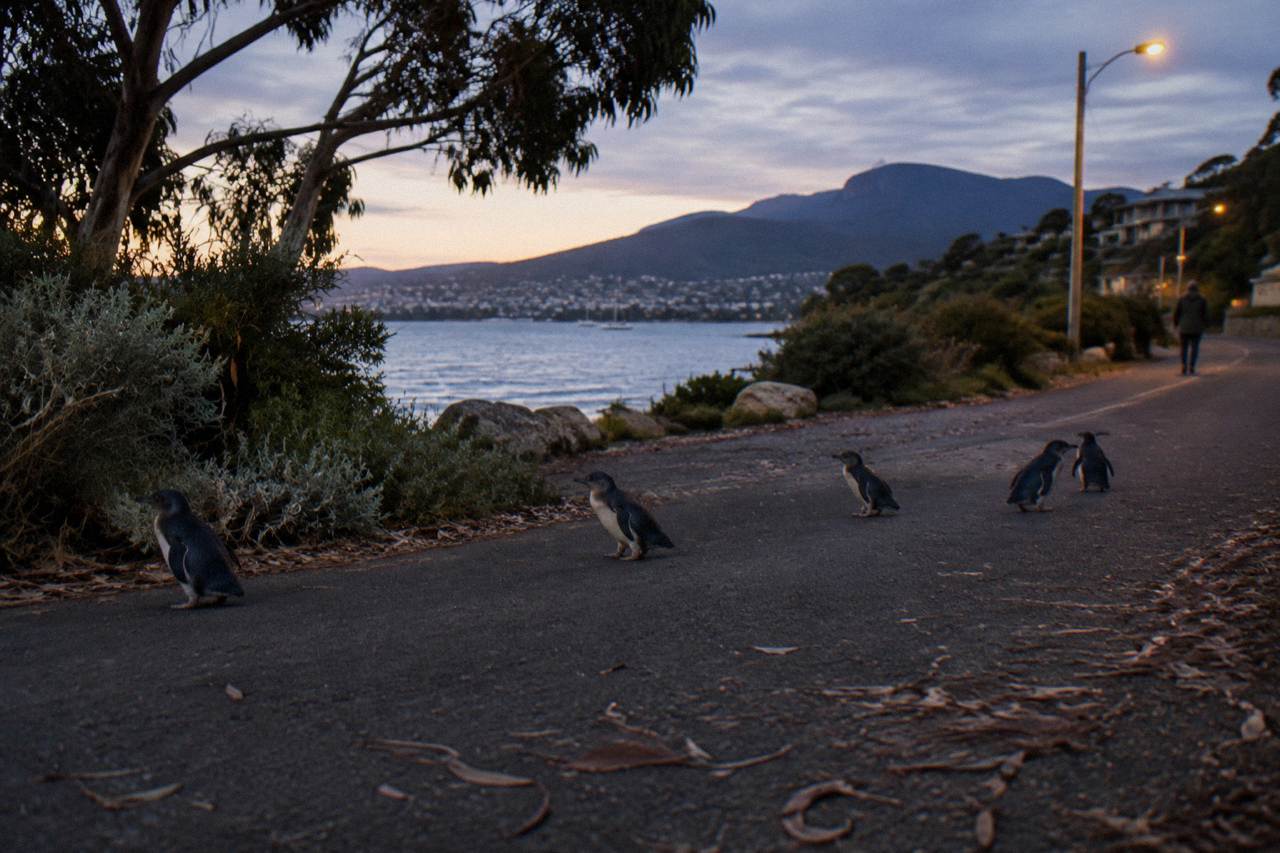 A quiet Tasmanian coastal road at dusk with low scrub and a calm sea beyond