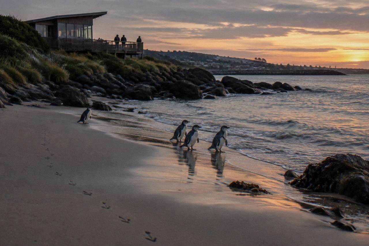 A quiet north-west Tasmanian beach at dusk with low light over the sand and gentle surf