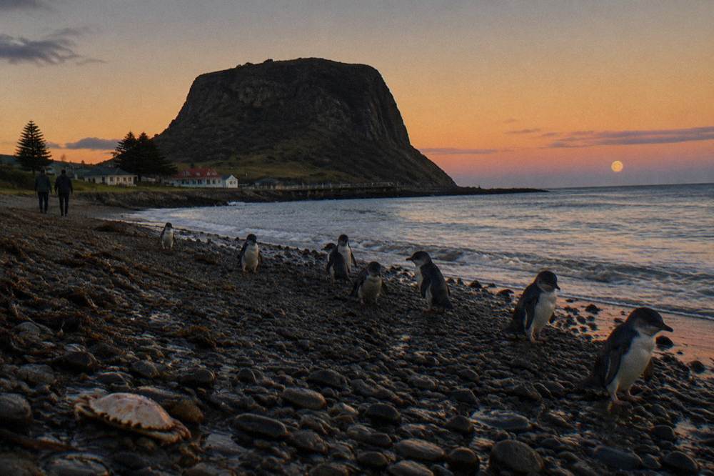 A calm Tasmanian beach at dusk with soft light on the sand and darkening sky