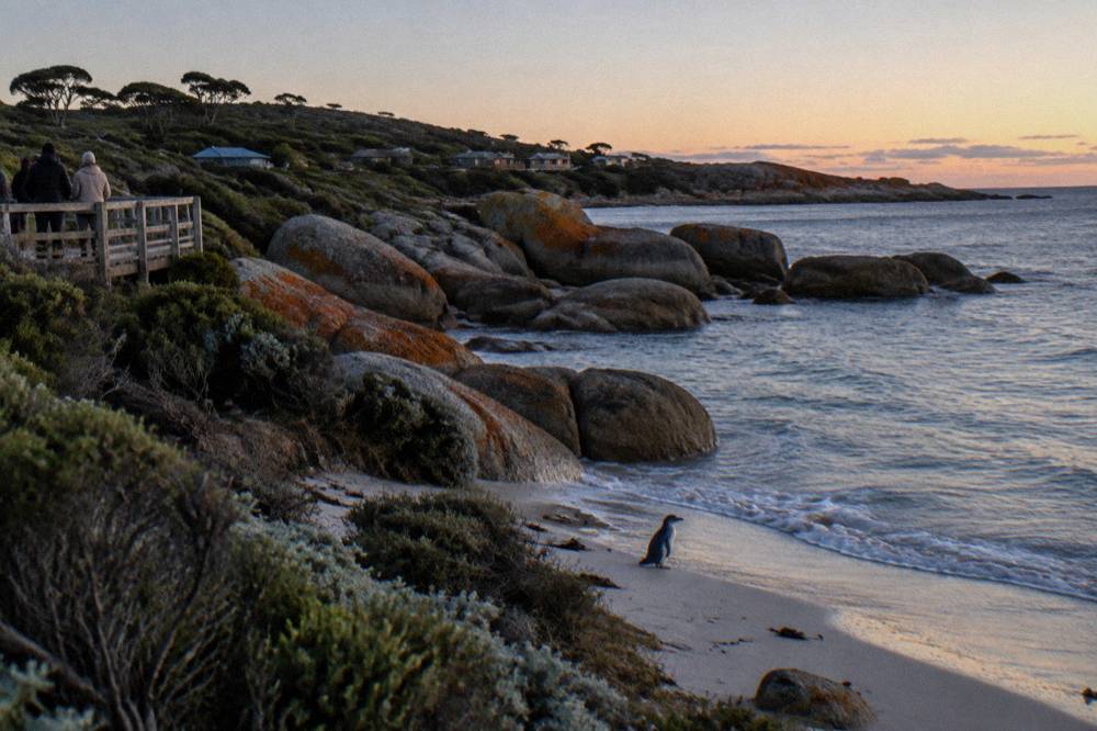A quiet sandy cove at twilight with granite rocks and low coastal scrub along the shoreline