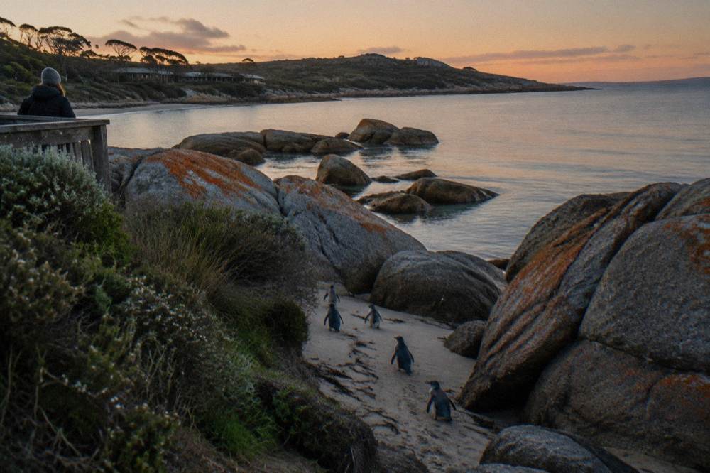 A coastal granite headland and calm bay at twilight on a Tasmanian shoreline