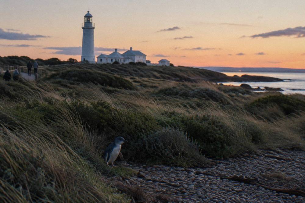 A coastal reserve at Low Head Tasmania with a lighthouse silhouette in fading evening light