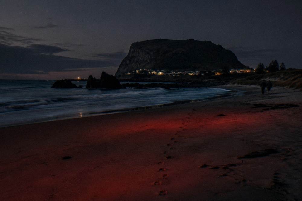 A dark shoreline at night with faint red light on the sand and small penguin footprints leading toward dunes