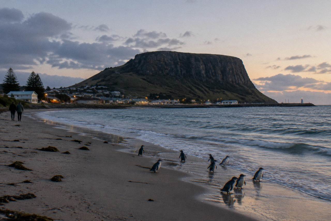 A quiet sandy beach at dusk beneath a large flat-topped headland on Tasmania's north west coast
