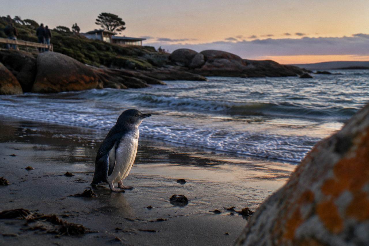 A little penguin standing on a dark sandy beach at dusk with low natural light