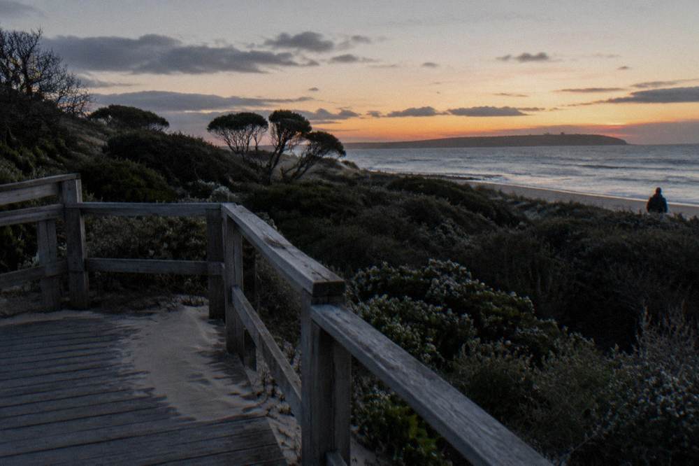 A wooden viewing platform beside a dark coastal reserve with low vegetation