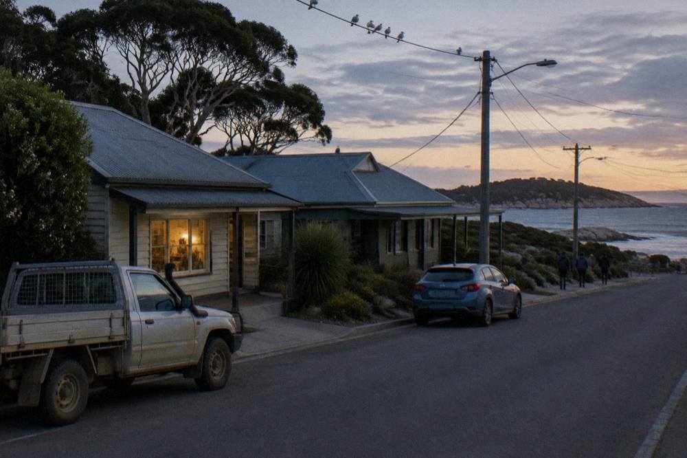 A small coastal town street with shopfronts and parked cars in the early evening