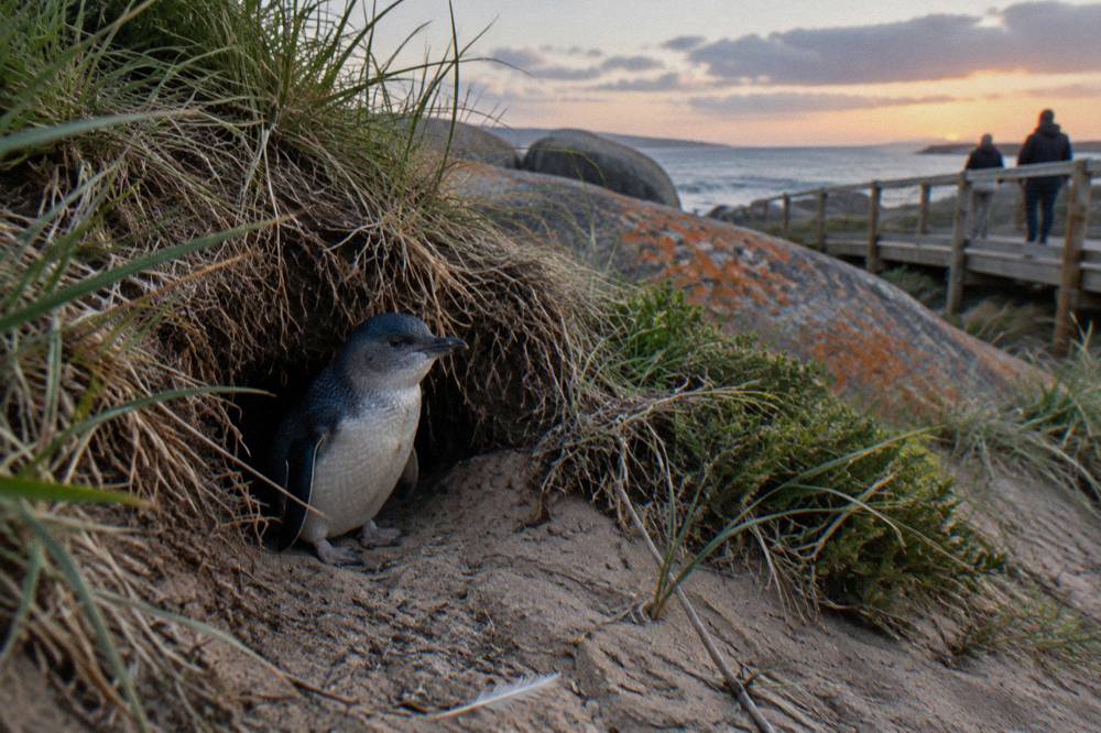 A little penguin standing at the entrance of a burrow in sandy soil at dusk