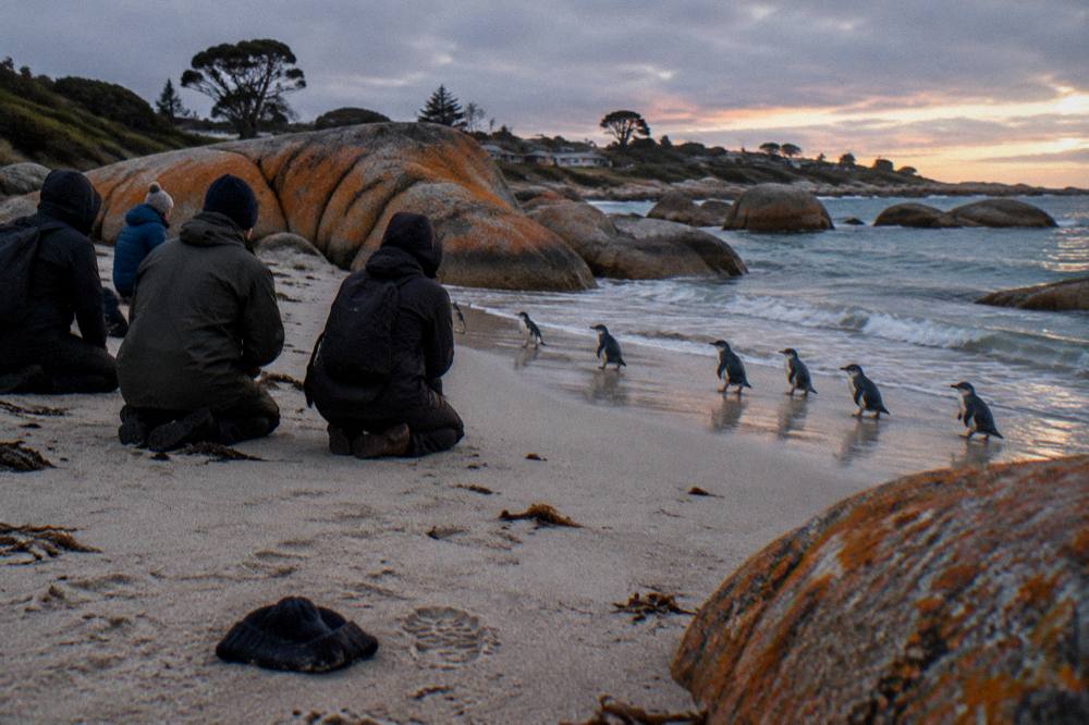 A group of visitors in dark clothing standing quietly on a beach watching penguins at dusk