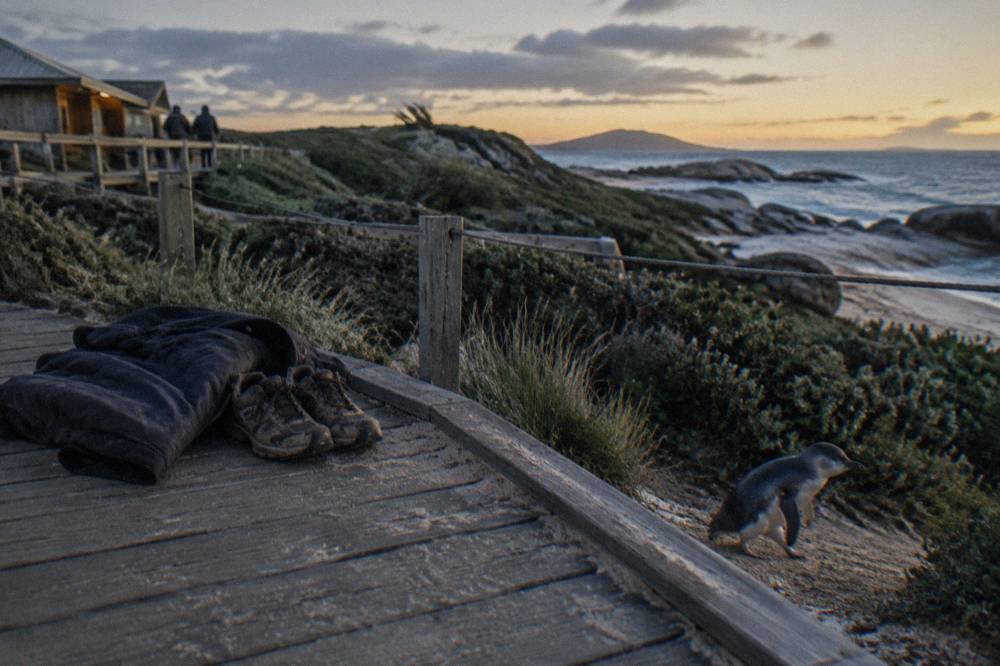 A folded jacket and enclosed walking shoes on a wooden bench at dusk