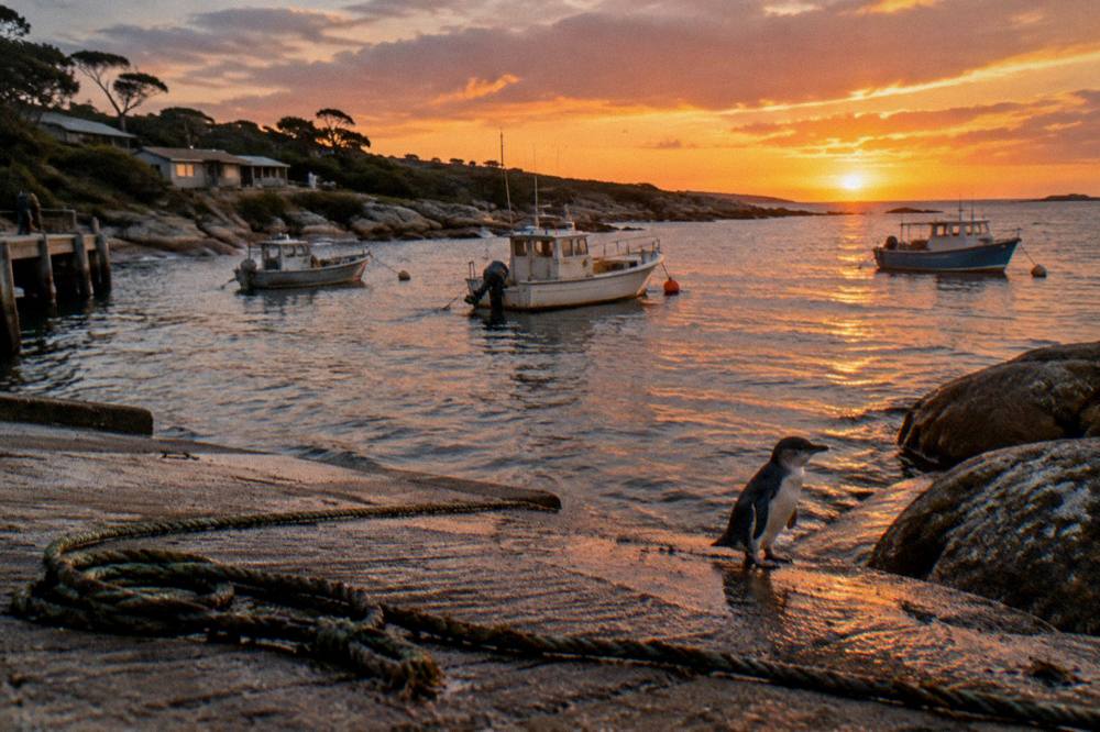 A quiet fishing town waterfront with boats and orange evening light