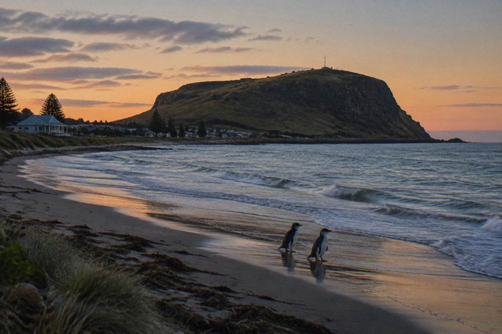 A long dark sandy beach below a steep headland at twilight