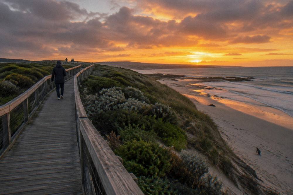 A wooden boardwalk along a coastal dune under a fading evening sky.