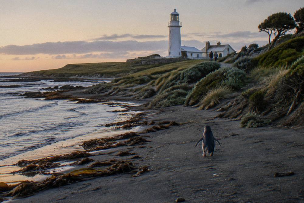 A dark sandy beach at dusk with low coastal vegetation along the edge
