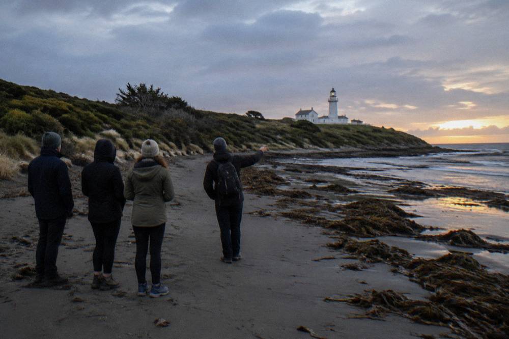 A guide with a small group standing quietly on a dark beach beside low dunes