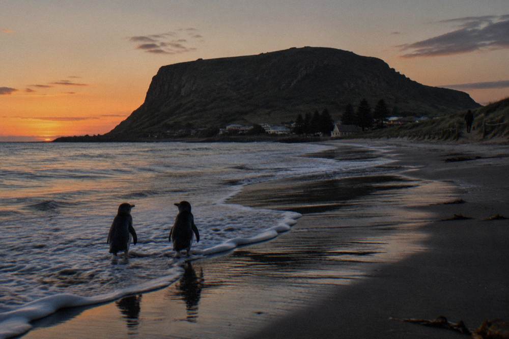 Penguins silhouetted against a fading orange sky over dark water
