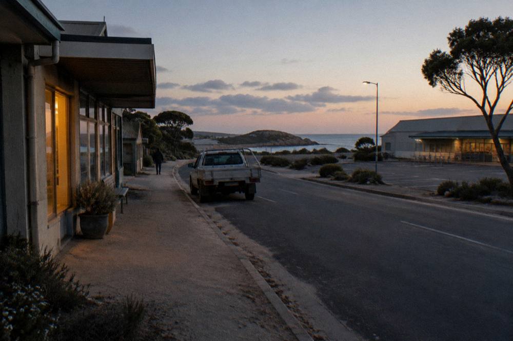 A quiet Tasmanian coastal town street at dusk with a tour meeting point shop