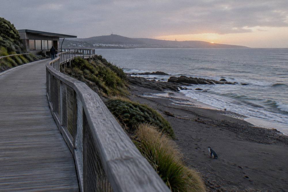 A boardwalk and tiered viewing stands above a wide beach at dusk before sunset