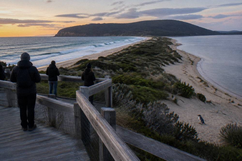 A small group of visitors standing quietly on a coastal boardwalk at dusk