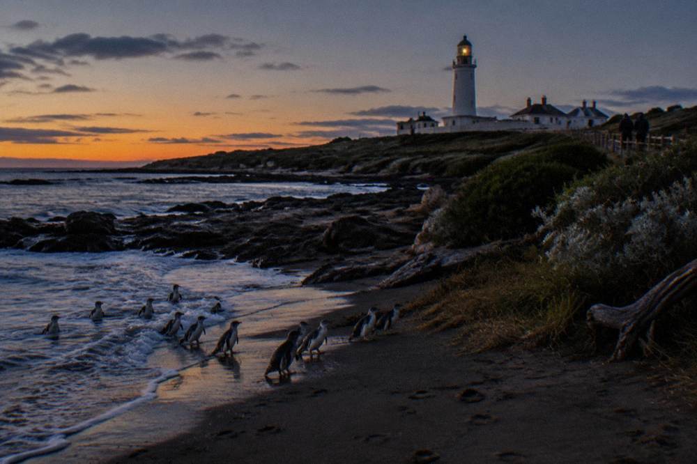 A dark beach at nightfall with faint orange light remaining on the horizon