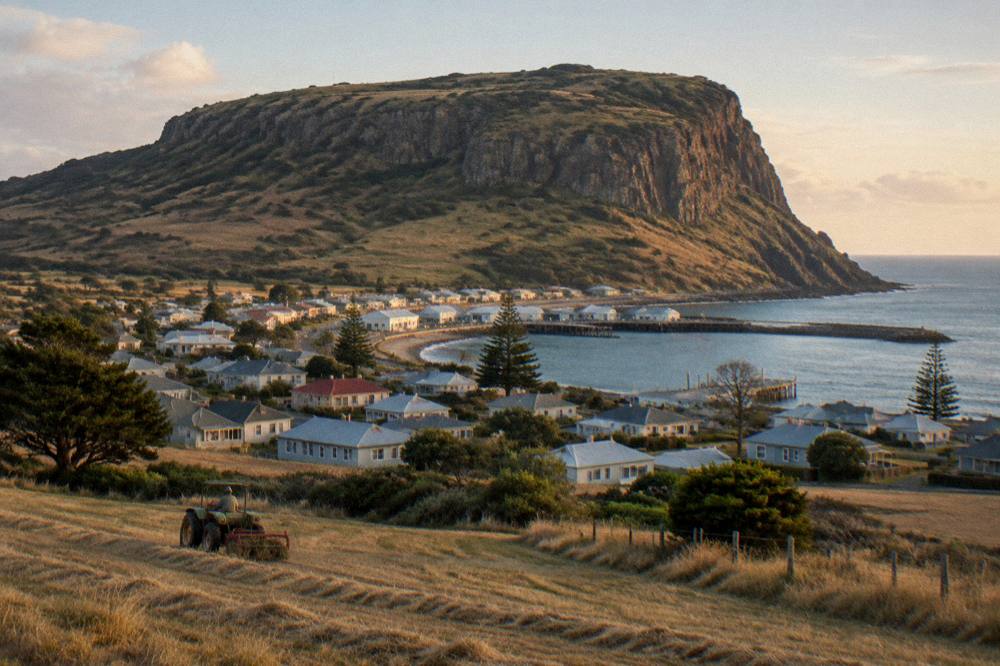 A flat-topped headland rising above a small coastal town at late afternoon