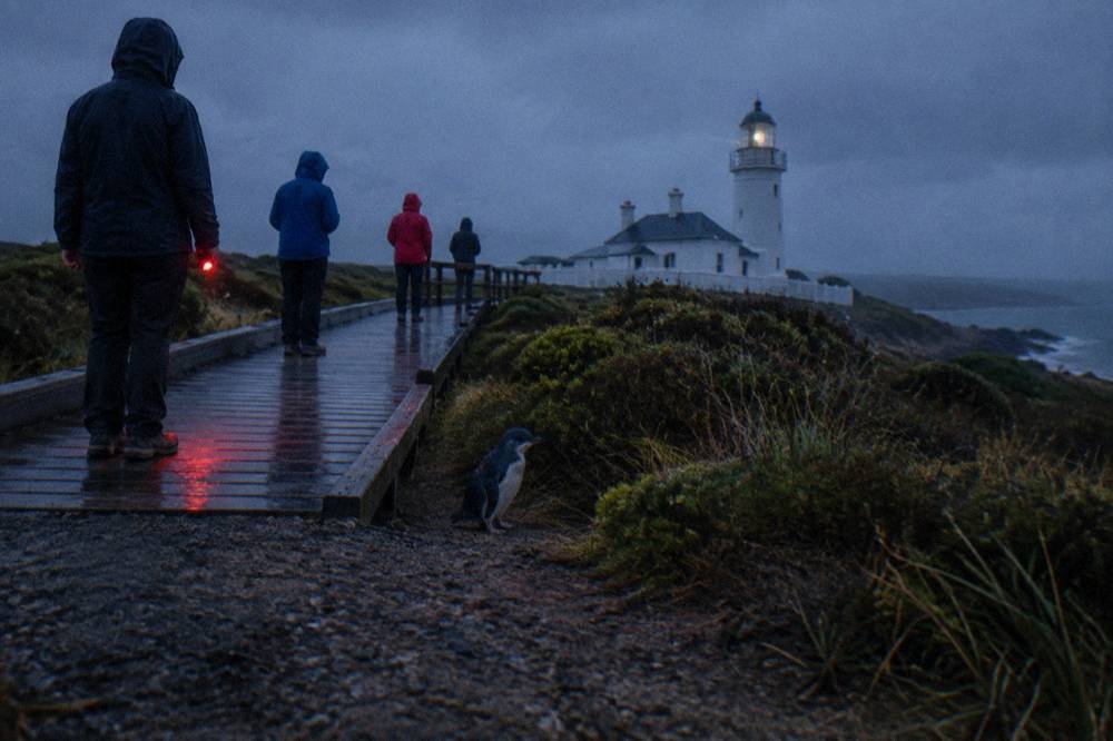 Small group of visitors standing quietly on a coastal boardwalk at night