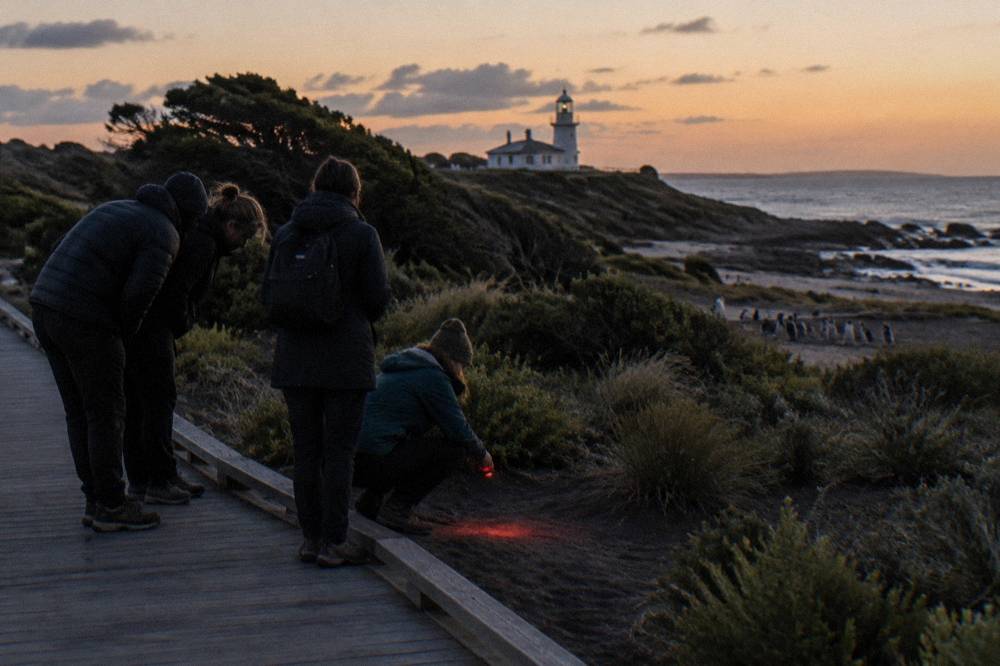 A small group of visitors standing quietly on a coastal boardwalk at dusk while a guide points a dim red light toward the beach