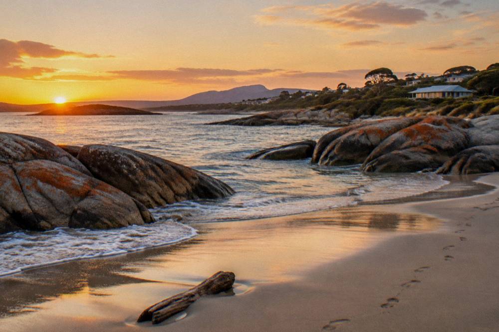A calm east coast bay in early evening light with pink granite rocks and gentle surf