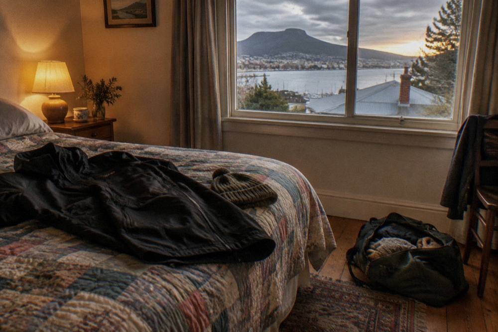 Dark jacket and beanie laid out on a bed before an evening penguin tour
