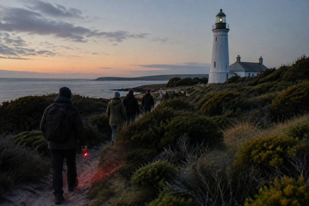 A guide with a red-filtered torch leading a small group along a coastal path at dusk