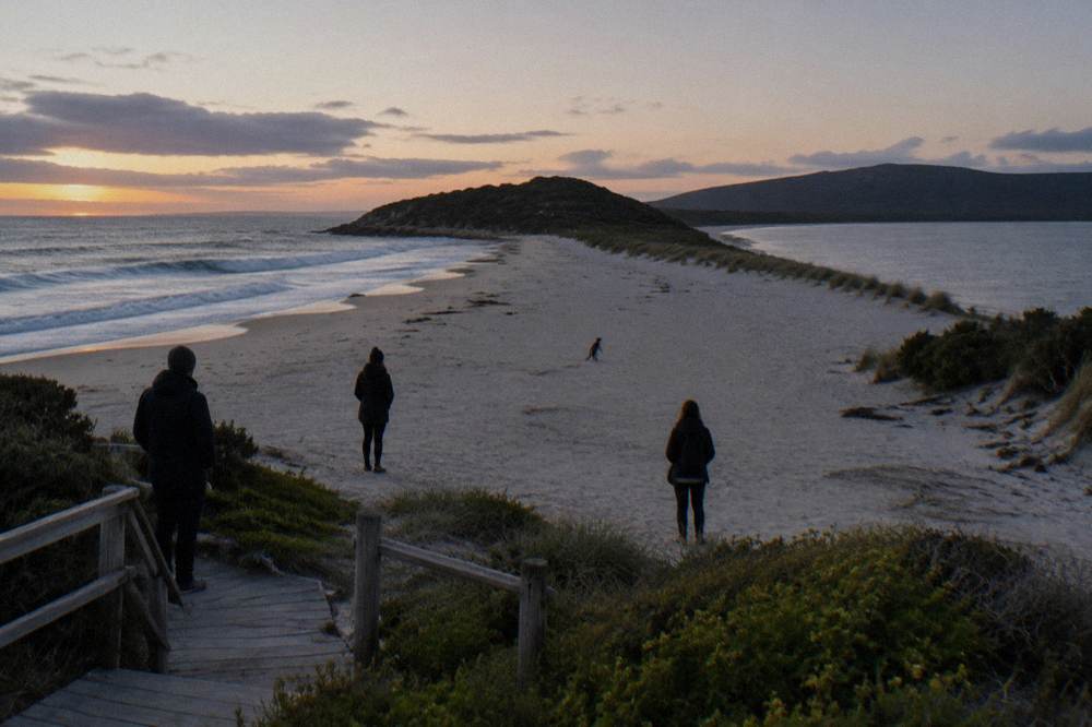 A small group of visitors in dark clothing standing quietly on a beach at twilight